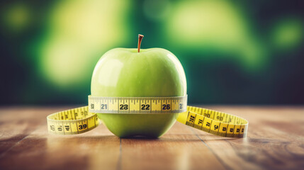 Green apple with measuring tape around it, conception of dieting. Close up view, nature