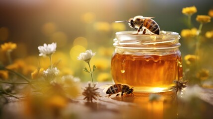 Sweet spring herbal honey in the jar and bees. Aromatic honey with chamomile - obrazy, fototapety, plakaty