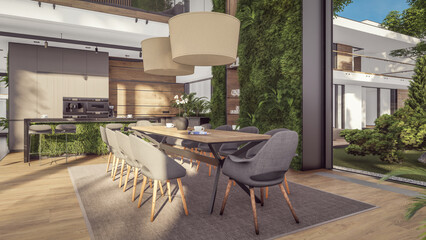 3d rendering of expensive cozy interior with green walls with living dining zone stair and kitchen for sale or rent. Spacious apartments with expensive furniture, equipment and flowers