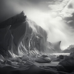 Fotografia en blanco y negro de paisaje artico, con viento, reflejos de sol y cielo nublado - obrazy, fototapety, plakaty