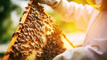 Fototapeta premium Beekeeper holding frame with honey comb. Selective focus. Agriculture industry. Production of sweet gold organic product for human consumption. Popular garden hobby.