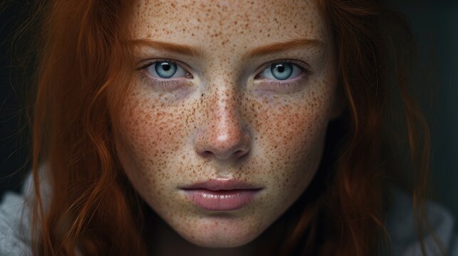 Close-up attractive confident redhead curly-haired girl with freckles