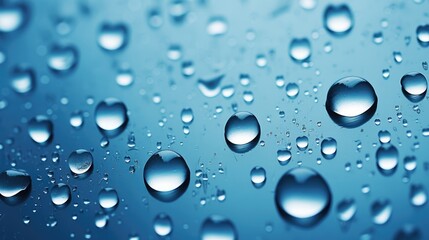 Glass with rain drops against blue background.