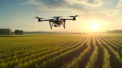Fototapeta na wymiar Drone flying over agricultural field against sunlight