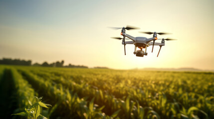 Drone flying over agricultural field against sunlight