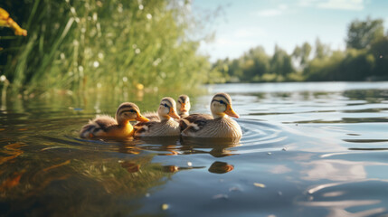 Ducks are swimming in the lake