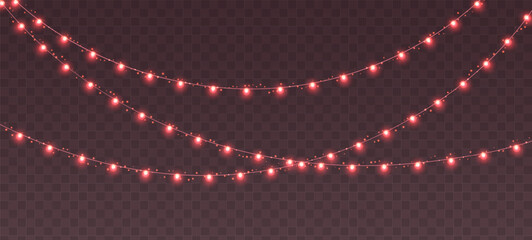 Christmas garland, glowing red light bulbs string with sparkles. Xmas, New Year, wedding or Birthday lights. Vector party event decoration. Winter holiday season element. - obrazy, fototapety, plakaty