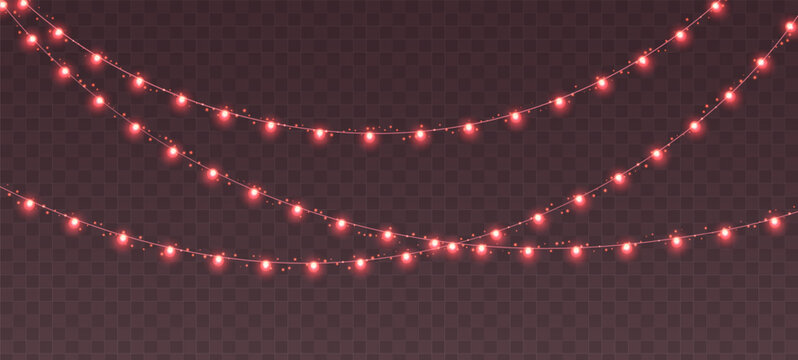 Christmas garland, glowing red light bulbs string with sparkles. Xmas, New Year, wedding or Birthday lights. Vector party event decoration. Winter holiday season element.