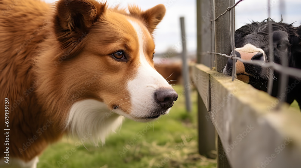 Wall mural close-up shot of an icelandic dog looking at a cow behind the fence