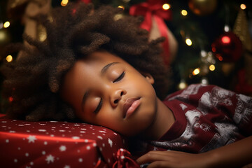 Obraz na płótnie Canvas Adorable small child sleeping under Christmas evergreen tree waiting Santa coming Generative AI technology picture