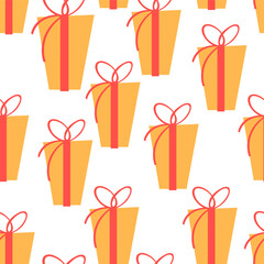 seamless color pattern with gift boxes with ribbons and bows in flat style. template for print, background, wallpaper, fabric, packaging, children's book, decoration.