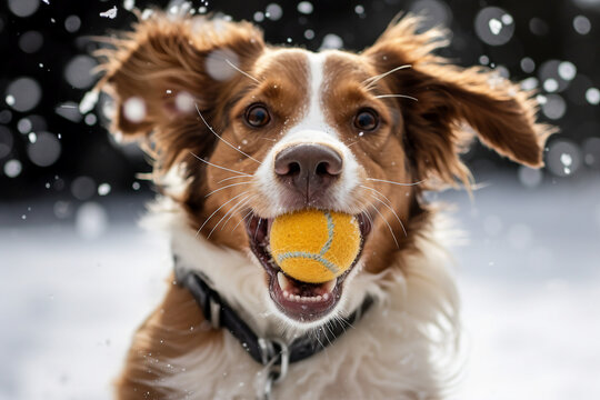 Winter leisure time active funny happy dog play in the yard snowy day weather Generative AI