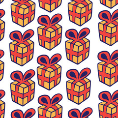 seamless color pattern with gift boxes with ribbons and bows in flat style. template for print, background, wallpaper, fabric, packaging, children's book, decoration.