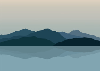 Landscape lake and mountain. Vector illustration in flat style.