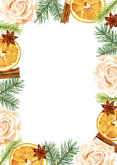 Christmas frame for invitation, greeting card, banner, with rose flower, dried orange, fir tree, cinnamon and anise.