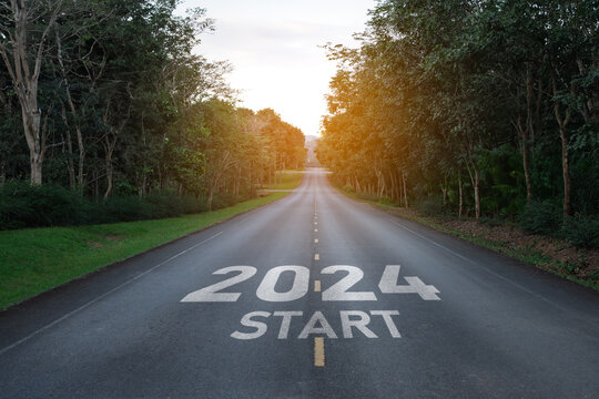 Happy New Year 2024,2024 Symbolizes The Start Of The New Year. The Letter Start New Year 2024 On The Road In The Nature Route Roadway Have Tree Environment Ecology Or Greenery Wallpaper Concept.