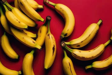 Bananas on a red background. Flat lay, top view