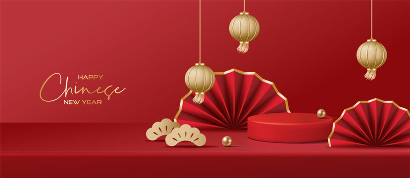 Chinese new year banner for product demonstration. Red pedestal or podium with folding fans and lanterns on red background.