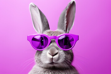 bunny rabbit with glasses on violet purple background