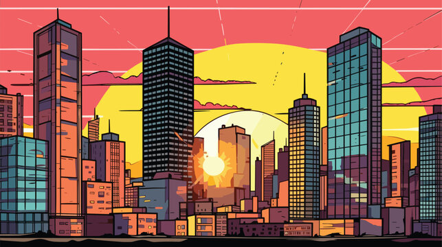 Sunrise sunset behind modern city buildings. Vector cartoon illustration of skyscrapers landscape, cityscape background
