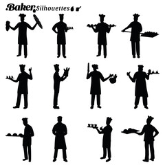 Set of illustrations of baker man silhouettes - obrazy, fototapety, plakaty