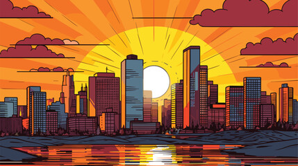 Sunrise sunset behind modern city buildings. Vector cartoon illustration of skyscrapers landscape, cityscape background - obrazy, fototapety, plakaty