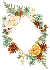 Christmas frame with rose flower, dried orange, fir, thuja, pinecone, snowberry, cinnamon and anise.