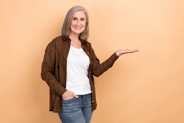 Obraz premium Photo of good mood woman dressed brown shirt hold arm in pocket palm presenting offer empty space isolated on pastel color background
