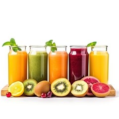 Colorful Fresh Juices or Smoothies on a Wooden Desk isolated on white background