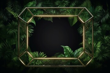 Neon light with tropical leaves. Diamond-shaped frame in exotic environment. Generative AI