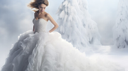 Fototapeta na wymiar Beautiful bride in a white wedding dress on a winter snowy landscape.