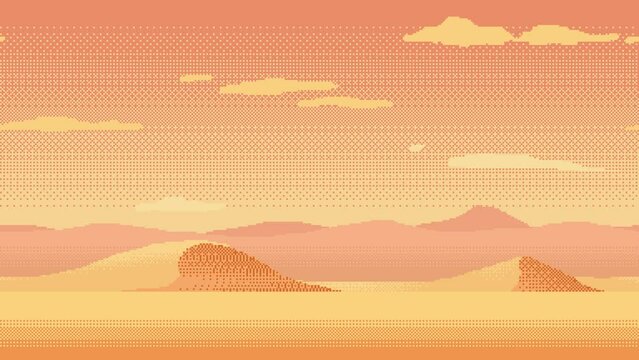 Pixel art loop animation of desert landscape. Animated 8bit seamless background with sand mountains and moving clouds. Pixelated template for computer game or application.