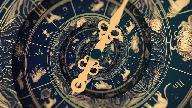 Astrology horoscope zodiac sign concept metaphor for date and time. Clock hands rotate in infinite time - video loop animation on horoscope wheel background.