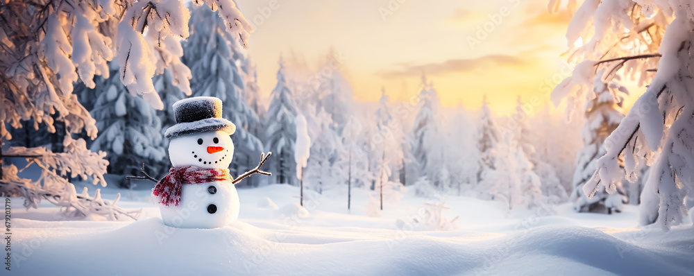 Wall mural winter background with a snowman in a winter snowy forest. new year header for a website with copy s
