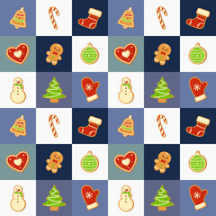 Seamless checkered Christmas pattern with Christmas gingerbread cookies. Winter holiday food.
