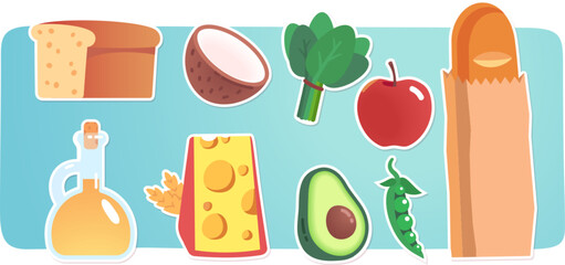 Fruits, bread loafs, cheese, oil bottle groceries products set. Fresh avocado, apple, coconut, spinach, peas supermarket purchases. Healthy natural food collection flat vector isolated illustration