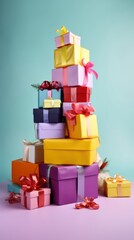 Pile of gift boxes for Christmas, New year, happy birthday or another holiday. Colorful mountain of gifts