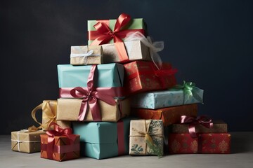 Fototapeta premium Pile of gift boxes for Christmas, New year, happy birthday or another holiday. Colorful mountain of gifts