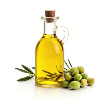 Olive Oil in a Bottle with Olives isolated on white background