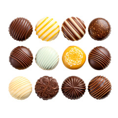 Round colored chocolate pralines on transparent background, white background, isolated, icon...