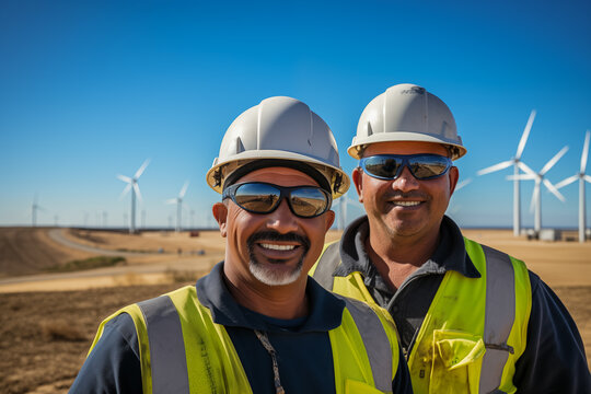 Two Latino engineers in wind turbine energy field