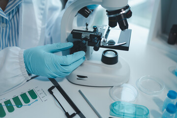 chemist is doing an experiment in the laboratory, A scientist is using a microscope to analyze the chemical composition, A scientific experiment is searching for biological answers in a laboratory,