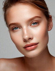 Obraz premium Young woman model with beautiful face. Advertising, ad, ads, advert. Flawless perfect skin. Beauty, skincare, wellness, lingerie, fashion, hairdresser. Isolated in plain background. Studio portrait.