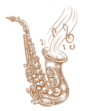 Saxophone vector illustration. Hand drawn drawing of a wind musical instrument and musical notes