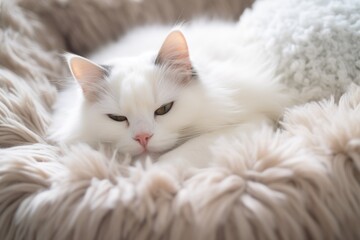 White cat sleeping on cat bed. White carpet. Top view.