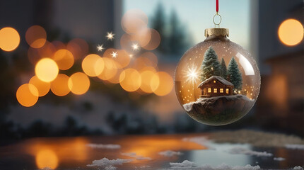 ai generative, christmas winter background in a shiny Christmas ball ornament decoration