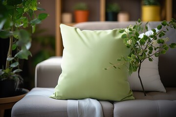 Clean green cushion on the sofa in the interior with a New Year decor