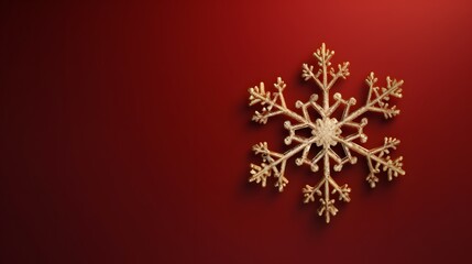 Fototapeta na wymiar Christmas golden snowflake on dark red background with space for text. Xmas holiday theme.