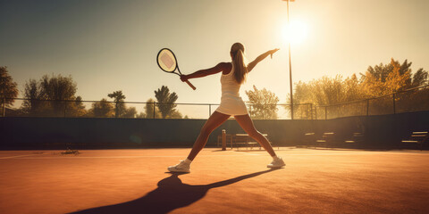 Focused tennis player on red court during a serene sunset, poised for a backhand return.
