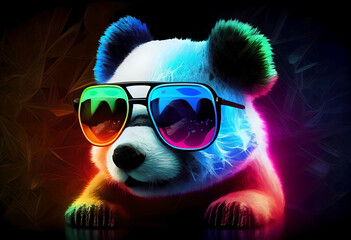Baby Panda Looking Adorably in Front. Cool panda with glasses, illustration for social networks or magazine, close-up picture of a panda. A lot of colors